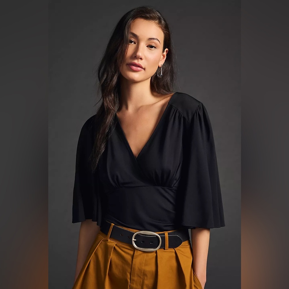 NWT Anthropologie Women’s Draped V-Neck Bell Sleeves Black Blouse Top Size XL